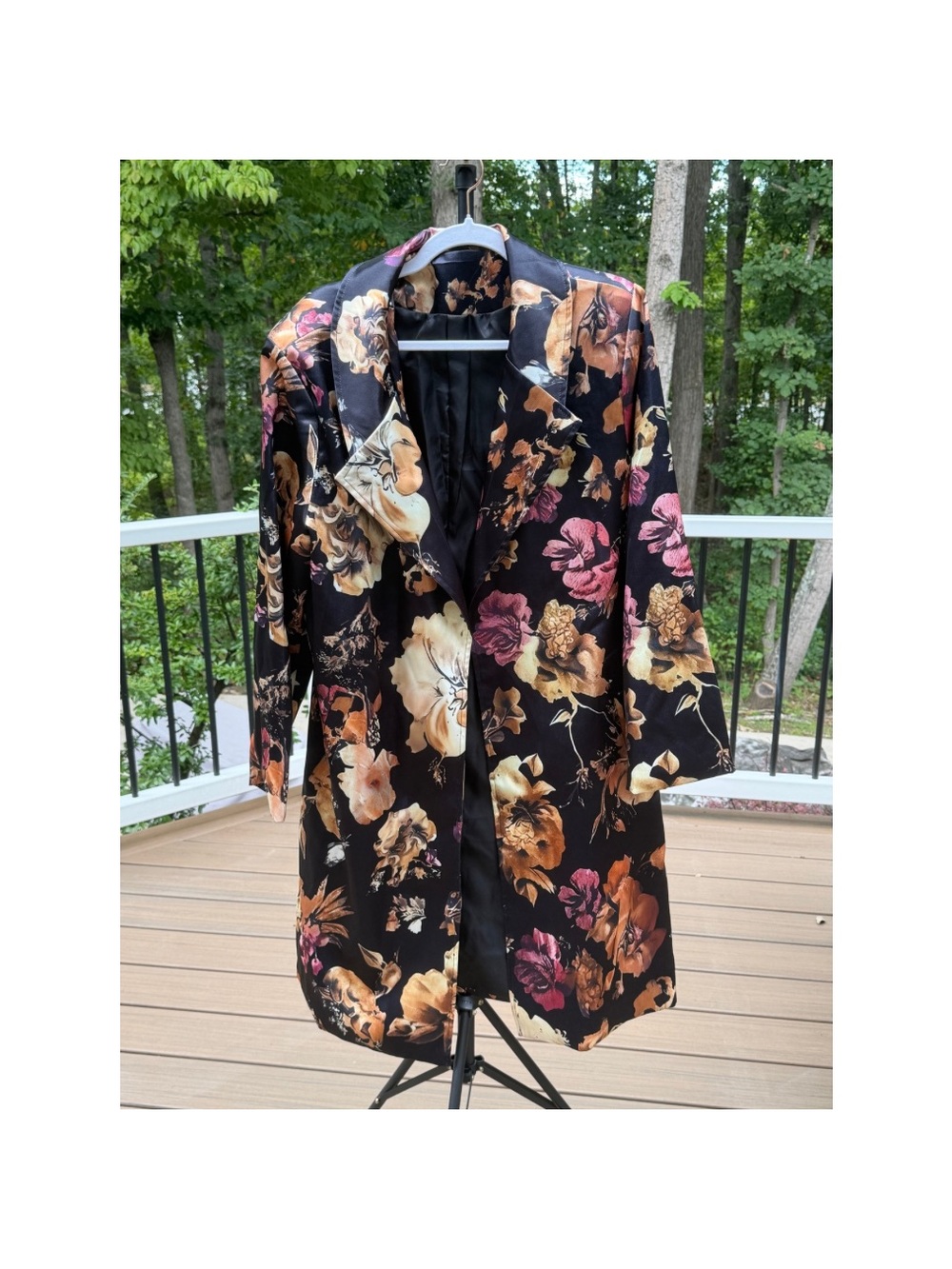 Floral Satin Like Longline Coat - Black with Gold & Pink Floral